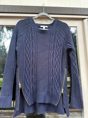 CAbi Navy Cable Knit Crewneck Sweater with Gold Zippers